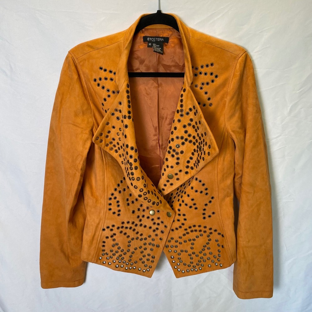 Etcetera Grommet Studded Suede Jacket Women 10 Orange Western Moto Festival Boho